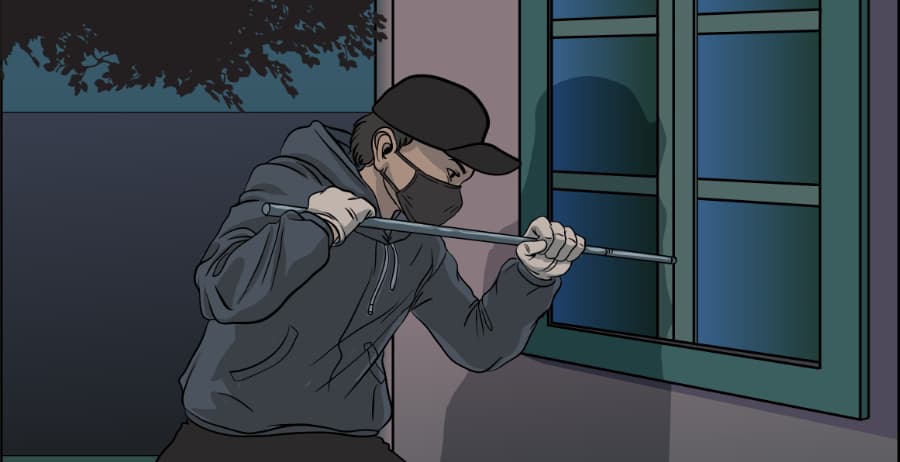 Illustration of burglar forcing entry through a window in Tuscaloosa